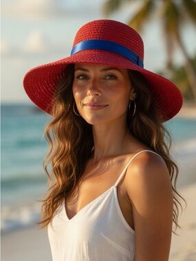 Red Hat Society Straw Hat Purple Ribbon Summer Coastal Grandma Bohemian Casual